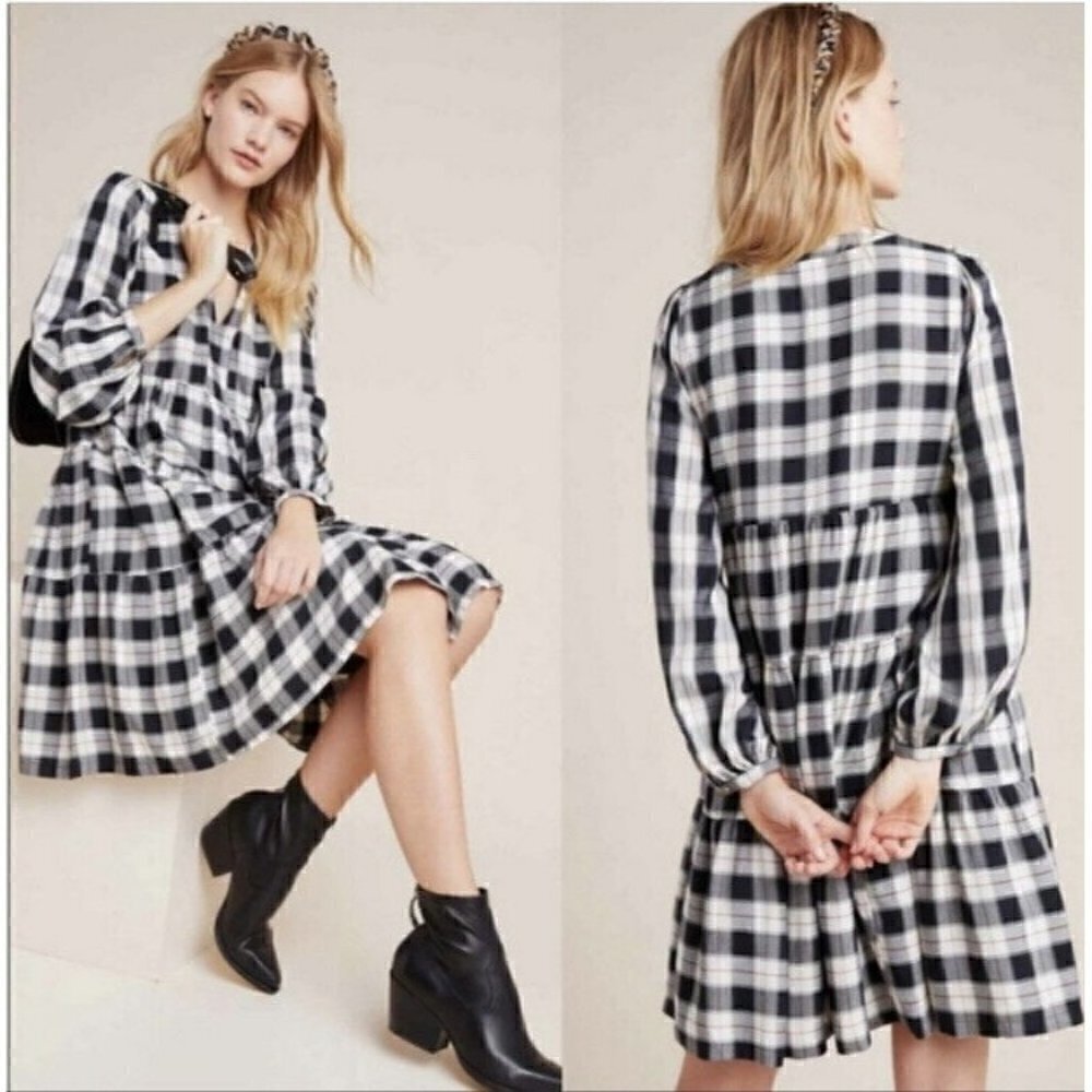 Anthropologie Maeve Women's Sz XS Amber Black & White Plaid Tiered Tunic Dress